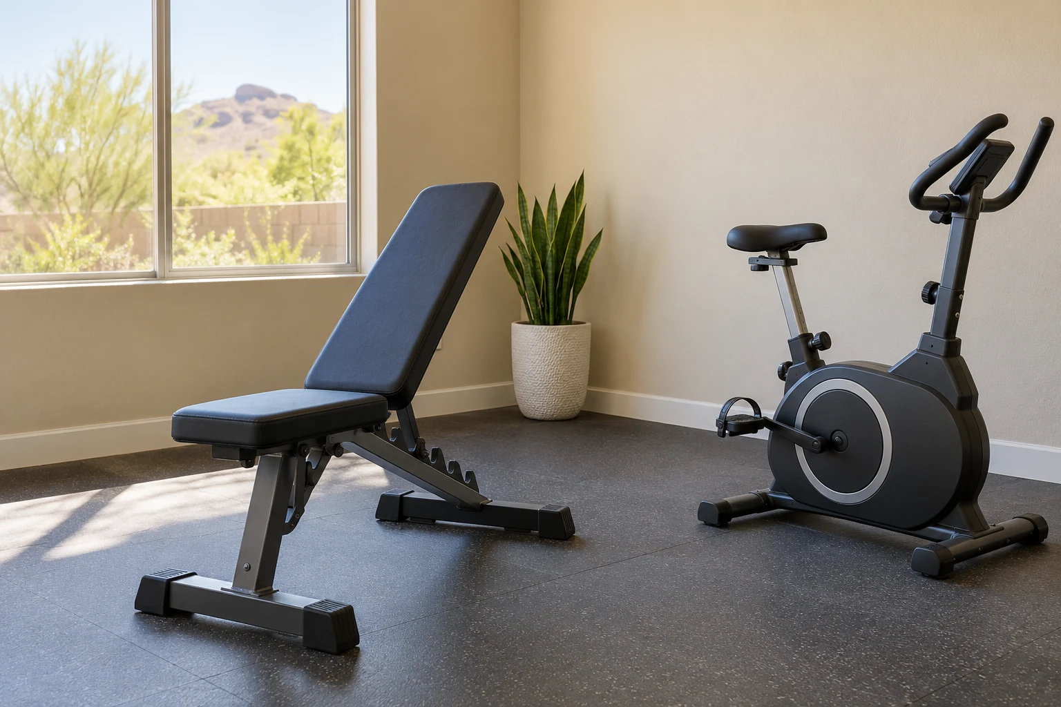 Illustrative home exercise area with an assembled exercise bike, weight bench and equipment storage
