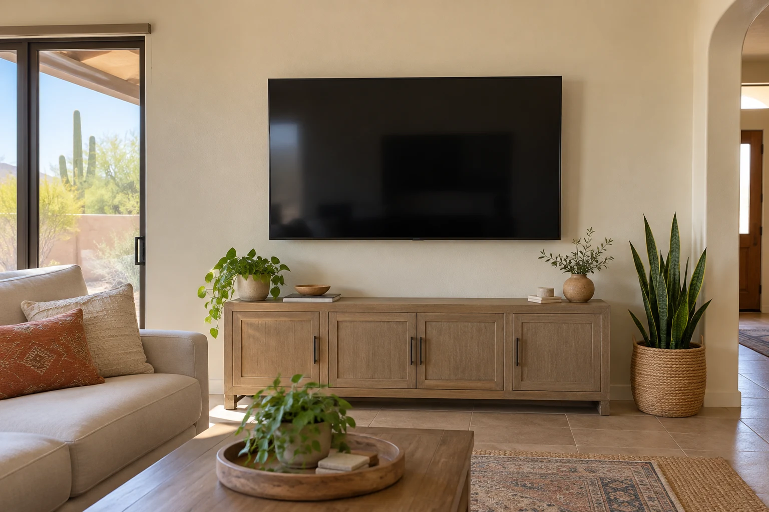 Illustrative Arizona living room with a mounted television and a neatly arranged console